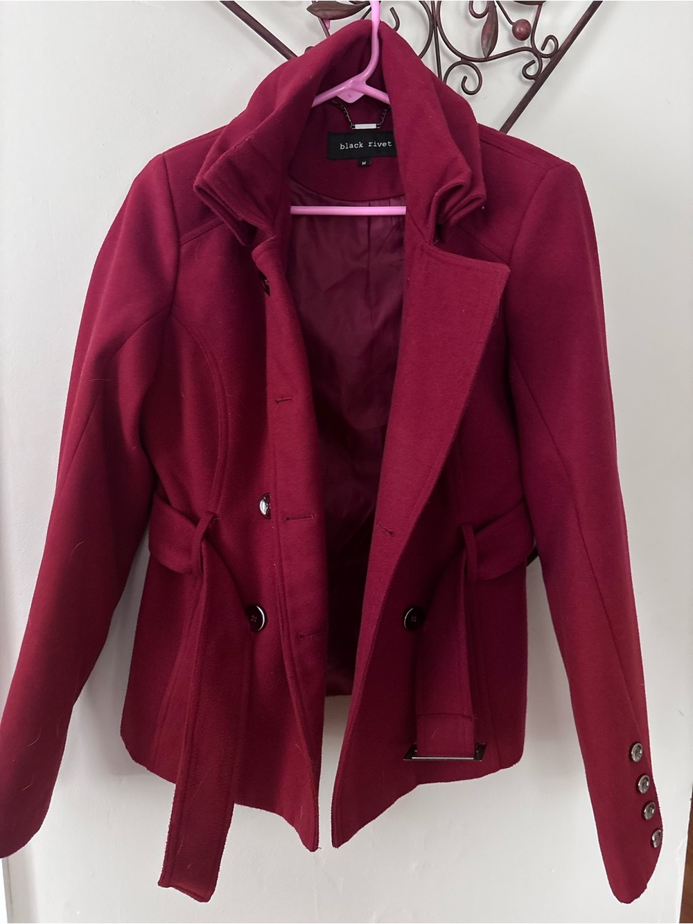 Black Rivet Wine-Red Peacoat with Belted Waist